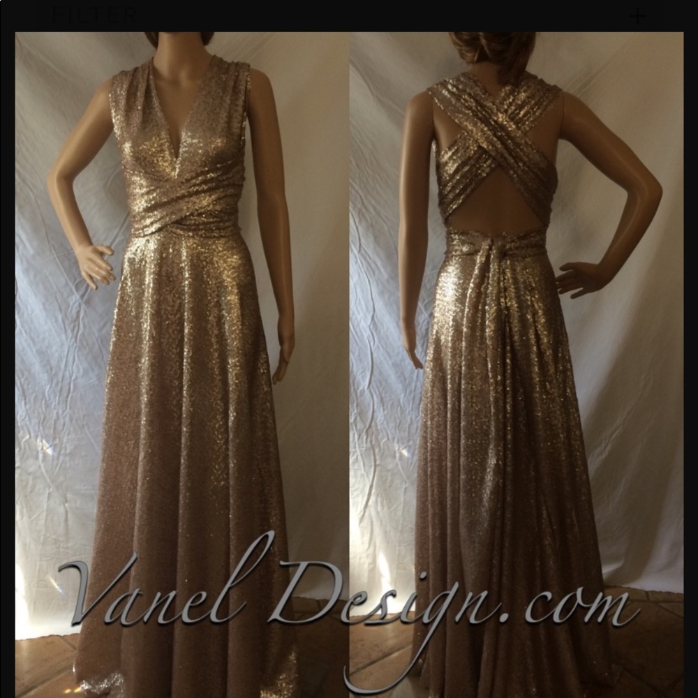 Gold sequined deep V neckline, backless gown.